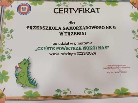 CERTYFIKAT ''CZYSTE POWIETRZE WOKÓŁ NAS''