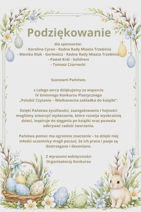 PODZIĘKOWANIA DLA SPONSORÓW IV GMINNEGO KONKURSU PLASTYCZNEGO ''POLUBIĆ CZYTANIE:''