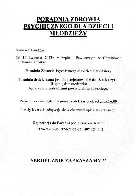 PORADNIA ZDROWIA PSYCHICZNEGO DLA DZIECI I MŁODZIEŻY W CHRZANOWIE